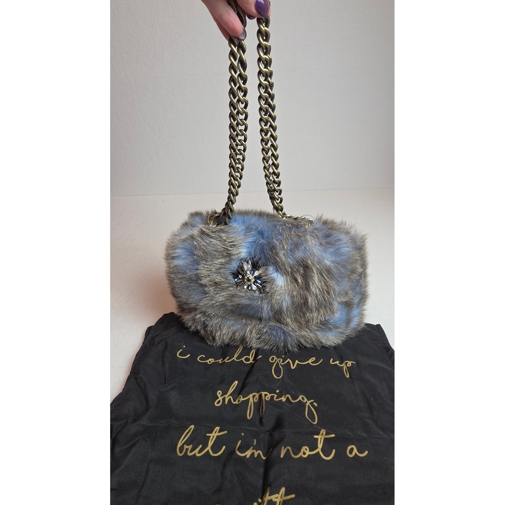 Ella Jae Gypset Blue Grey Genuine Fur Chain Shoulder Bag Crystal Brooch NWT